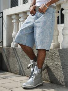 Manfinity EMRG Men's Casual Street Style Embroidered Blue Wide Leg Denim Shorts - Light Wash - View 8