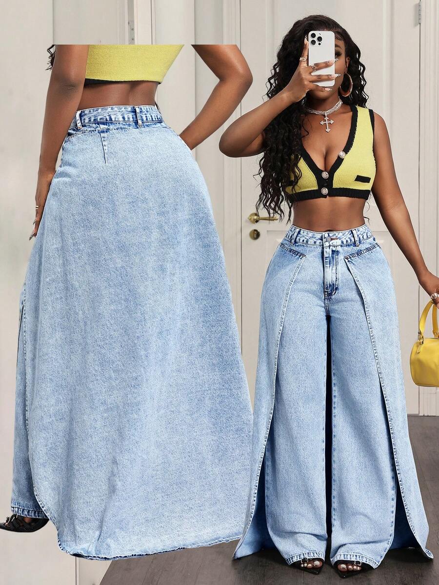 Slaydiva Fashionable Casual Women Wide Leg Denim Jeans - Blue - View 1