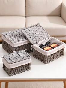 Bộ 3/2/1 giỏ đan để bàn có nắp đậy, dùng để đựng mỹ phẩm, chìa khóa, đồ ăn nhẹ, thích hợp cho phòng khách, hành lang, trang trí nhà cửa, hộp đựng đồ thủ công, giỏ quà cưới, thích hợp cho mùa tựu trường. - Nhiều màu - Xem 3
