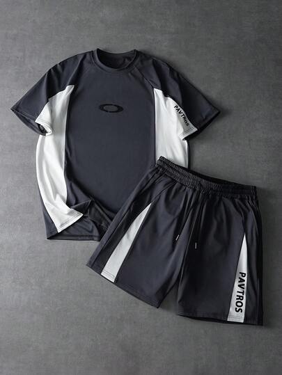 PAVTROS Men's Casual Contrast Color T-Shirt And Shorts Set, Summer,Y2k,Festival,Vintage,Boys Streetwearnew Year,Black And White Reflective Stripe Color-Blocked Crew Neck T-Shirt Suit For Men,Spring To Summer,Summer,Vacation,Vintage,Going Out,Party,Festival,Gift For My Boyfriend,Streetwear,Workout