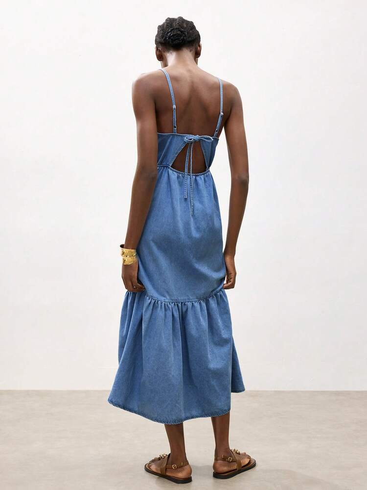 SHEIN Maija Women's Blue Denim Sundress, Vacation Sundress, Sexy Backless Dress.Summer Vacation Outfits,Beach Outfits ,Backless Summer Dress, Tie Back Dress