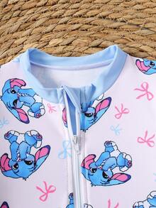 SHEIN Baby Girl Contrast Ruffle Trim Zipper Front One-Piece Swimsuit With Cute Rabbit & Bow Print, Suitable For Beach & Holiday - Blue - View 5