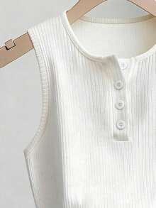 Franclia 女士纯色纽扣半开襟罗纹休闲圆领背心 白色针织上衣 女士白色背心 夏季上衣 女士针织上衣 可爱白色上衣 - 杏色 - 查看 7