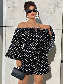 Easura Bộ jumpsuit nữ cỡ lớn với tay áo loe rộng, viền bèo nhún trễ vai, thiết kế buộc dây. Chất liệu vải chấm bi nhẹ, thoải mái, thích hợp cho kỳ nghỉ, bãi biển, dạo phố, tiệc tùng, trà chiều. Màu đen chấm bi trắng. - Đen và trắng - Xem 6