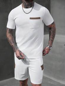 Manfinity Homme Men's 2 Pieces Outfits White And Brown,Summer Casual Vacation Short Sleeve Crew Neck Pocket T-Shirt And Slant Pocket Shorts Set Co Ord Sweatsuit - Grey - View 4
