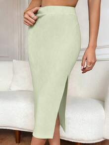 Glamine Women's Solid Color Ribbed High Slit Skirt - Mint Green - View 6