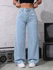 SHEIN EZwear 女士休闲水洗做旧直筒牛仔裤 - 中等水洗藍 - 查看 4