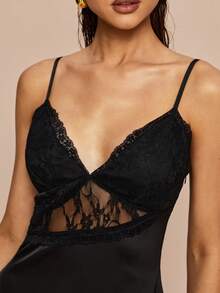 Olia Maree Women's Black Sleeveless Mini Cami Dress With Contrast Lace Detail And Asymmetrical Hem - Black - View 5