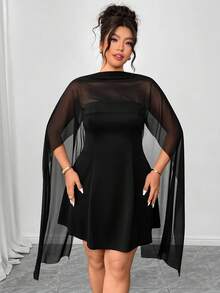 Elenzga 大码女士A字无肩带迷你连衣裙，黑色，优雅百搭，适合鸡尾酒会、早午餐、通勤等场合，经典小黑裙款式，附赠时尚网纱围巾 - 黑色 - 查看 6