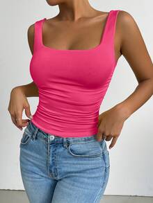 SHEIN PETITE 荧光粉色方领无袖背心，适合演唱会、夜店、约会、舞会、锐舞派对、生日派对、派对必备、基础款、外出、休闲针织等各种场合。 - 粉色 - 查看 5