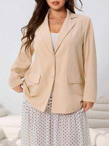 SHEIN EZwear Plus Size Versatile Loose Fit Cotton Blend Blazer,Beige Summer Smart Casual Formal Jacket For Weddings,Parties,Graduations,Streetwear,Apricot Color - Apricot - View 5