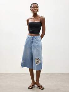 Maija Women's Light Blue Denim Bermuda Shorts, Summer Ripped Shorts, Low-Rise Wide-Leg Pants - Blue - View 2