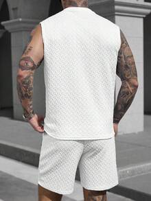 Manfinity CasualCool 男士夏季休闲纹理背心和短裤套装 - 白色 - 查看 2