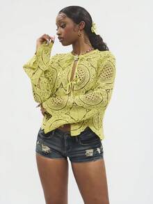 Peak Green 性感镂空蕾丝透视喇叭袖四季女式衬衫，新年外出 - 綠色 - 查看 8