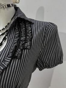 Jeanoix Women's Sexy Retro Striped Fabric Fitted Blouse - Black and White - View 4