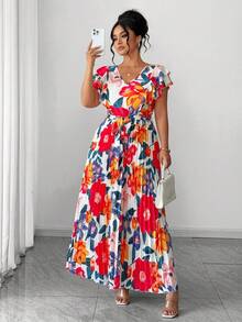 SHEIN Elenzya 大码优雅印花褶皱连衣裙，夏季 - 粉色 - 查看 3