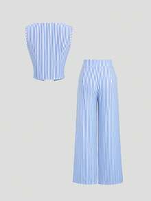 Sweetra Women's New Sexy Baddie Style Blue & White Striped 2-Piece Set, Tie-Up Vest Top And Pleated Wide Leg Pants - Blue and White - View 2