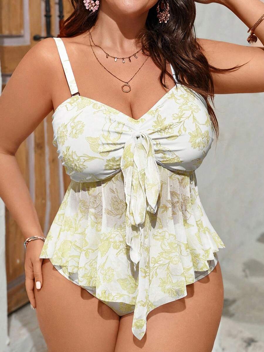 Swim Mod Bộ đồ bơi tankini màu vàng dễ thương, phối lưới, kiểu dáng mới cho kỳ nghỉ hè 2026, thích hợp cho bãi biển.