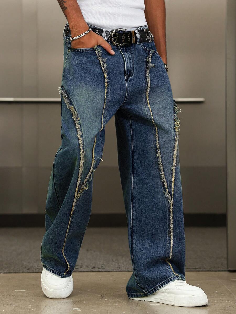 Manfinity EMRG Men's Street Fashion Distressed Patchwork Vintage Washed Wide Leg Jeans - Dark Wash - View 1