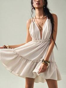 SoleilVie Beige Textured V-Neck Elastic Waist Ruffle Hem Vacation Style Sweet Short Dress - Apricot - View 5