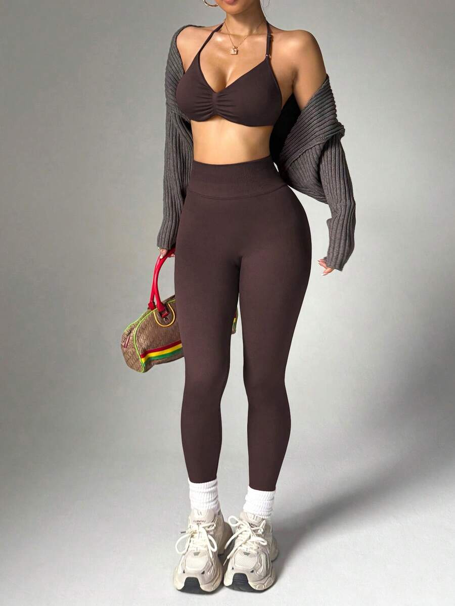 StreetHx Women's Summer Solid Color Pleated Halter Sports Bra And Leggings Set