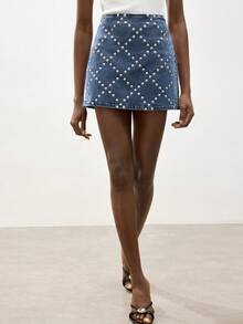 Maija Women's Casual Beaded Denim Mini Skirt, Summer - Medium Wash - View 2