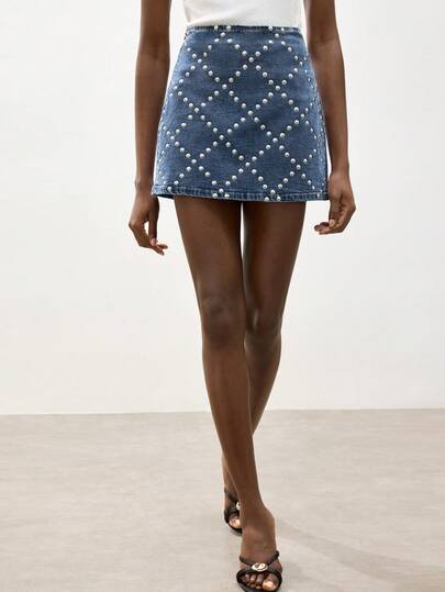 Maija 女士休闲串珠牛仔迷你裙，夏季