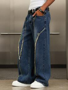 Manfinity EMRG Men's Street Fashion Distressed Patchwork Vintage Washed Wide Leg Jeans - Dark Wash - View 4