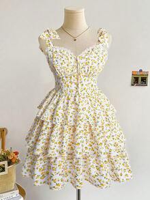 DreamSkyne Plus Size Charming White Floral Random Print Straps Mini Dress Tiered Layered A Line Sleeveless Boho Cute Kawaii Ruffle Hem Summer Dress Vacation - Multicolor - View 3
