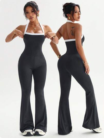 Dewbera Combinaison de yoga pour femmes, fitness en plein air. Débardeur à bretelles fines contrastées et dos nu, avec pantalon évasé moulant