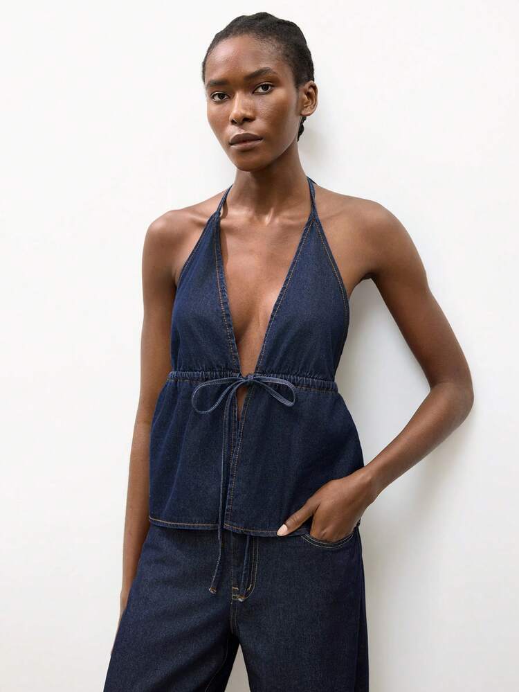 SHEIN Maija Women's Sexy Backless Halter Neck Denim Blouse For Summer