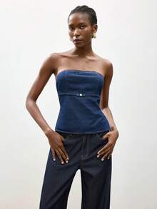 Maija 夏季女士性感露背抹胸牛仔上衣 - 深色水洗藍 - 查看 2