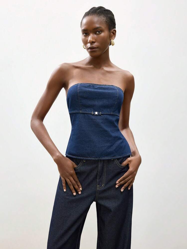 SHEIN Maija Women's Raw Denim Top, Sexy Backless Top, Summer Strapless Top, Sexy And Elegant Summer Outfit.