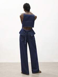Maija Women's Casual Backless Tie Denim Vest And Pants Set, Summer - Dark Wash - View 1