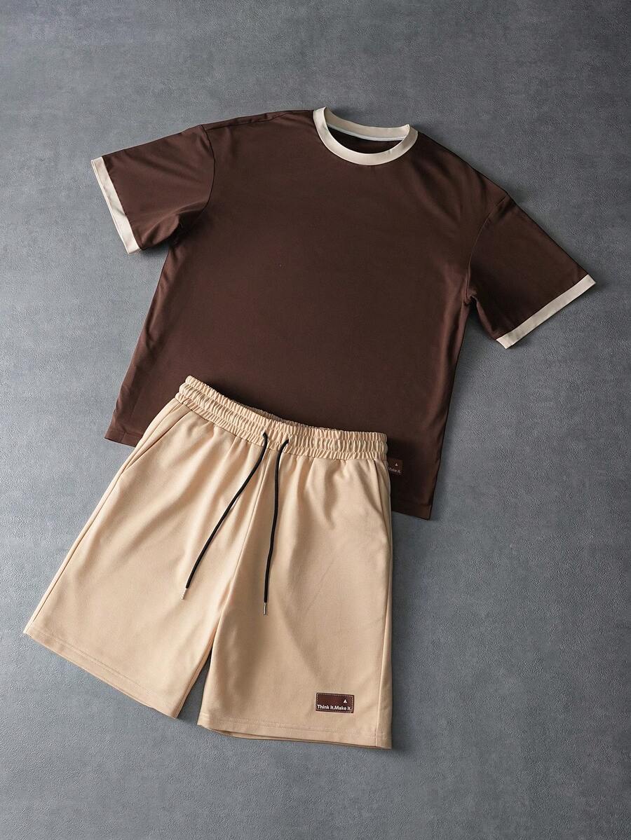 PAVTROS Men's Casual 2 Pieces Set Letter Print Color Block Round Neck Short Sleeve T-Shirt And Drawstring Shorts,All Shades Of Brown,Summer,Prom,Streetwear - Multicolor - View 1