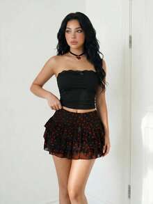 Sweetina Váy mini nhiều lớp lưới trái tim nhung - màu đen - Xem 3