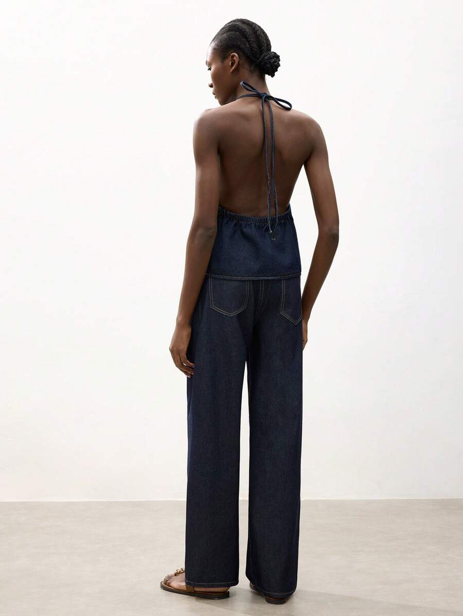 Maija 夏季女士性感露背吊带牛仔上衣 - 深色水洗藍 - 查看 1