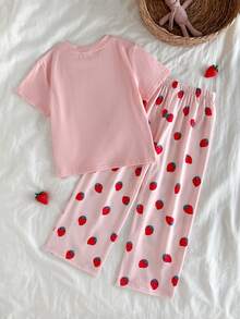 Cozy Pixies Young Girl Bow Knit Soft Round Neck Short Sleeve Top And Elastic Waist Pants 2 Pieces Set Cotton Pajama Set For Girls Strawberry Pajama Set Kids Strawberry Pjs - Multicolor - View 6