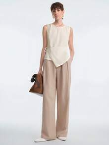 Aalyst 女士春夏格纹亚麻法式优雅衬衫，适合办公室、通勤、度假、浪漫下午茶等场合，圆领无袖系腰衬衫上衣 - 杏色 - 查看 1