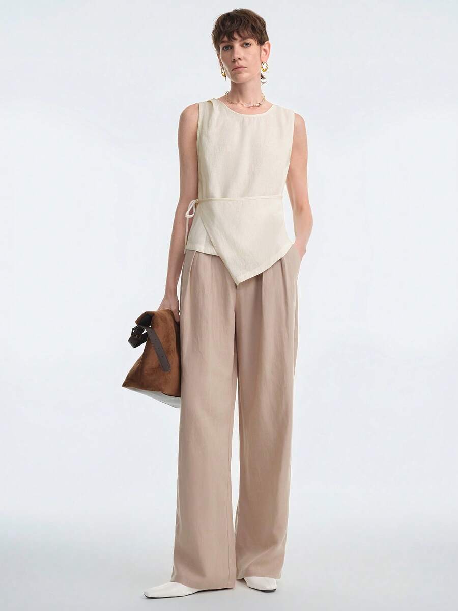 Aalyst 女士春夏格纹亚麻法式优雅衬衫，适合办公室、通勤、度假、浪漫下午茶等场合，圆领无袖系腰衬衫上衣 - 杏色 - 查看 1