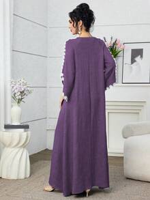 Al Najma Vestido feminino elegante e discreto com estampa floral 3D, estilo árabe, modelagem solta, ideal para primavera/outono. - Roxa - Ver 2
