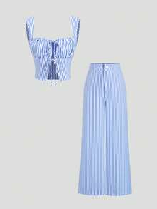 Sweetra Women's New Sexy Baddie Style Blue & White Striped 2-Piece Set, Tie-Up Vest Top And Pleated Wide Leg Pants - Blue and White - View 1