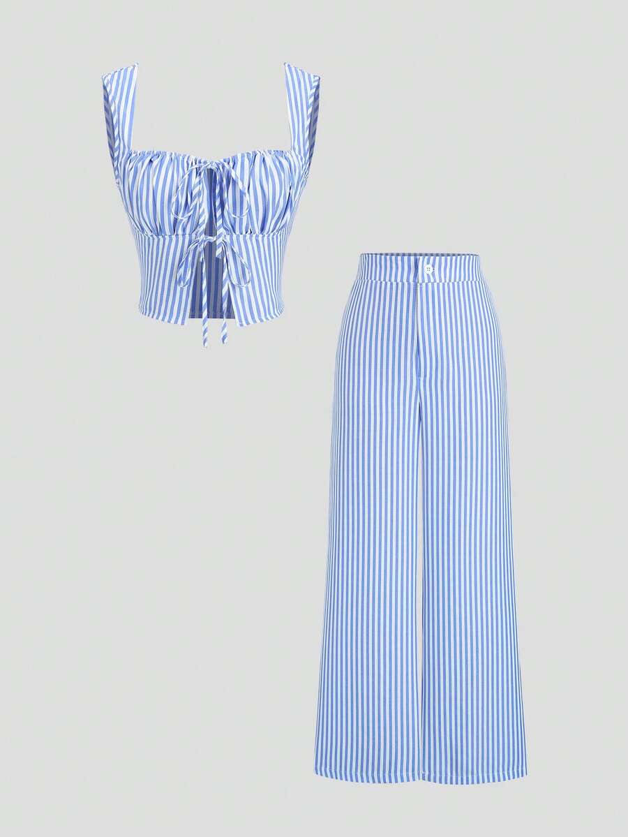 Sweetra Women's New Sexy Baddie Style Blue & White Striped 2-Piece Set, Tie-Up Vest Top And Pleated Wide Leg Pants - Blue and White - View 1