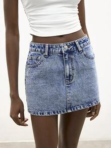SHEIN Maija Women's Denim Mini Skirt, Y2K Style, Music Festival, Back To School - Light Wash - View 2
