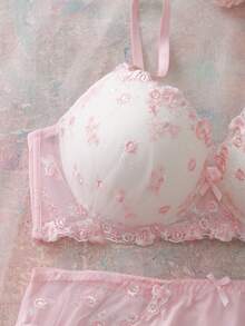 Elorette 2pcs Set Bra Balconette Nyaman dengan Kawat Penyangga dan Bantalan, Motif Bunga Bordir, 3/4 Cup, Lucu, Segar, Romantis, Punggung Terbuka, Dekorasi Pita, Set Pakaian Dalam Ukuran Besar - Berwarna merah muda - View 5