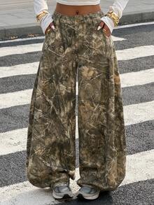 Easelle Women's Casual, Stylish Streetwear Style, Everyday Commuting, All-Over Print, Low-Rise, Loose-Fitting Wide-Leg Jeans, Printed Tree Branch Pattern, Lettering. - Multicolor - View 2