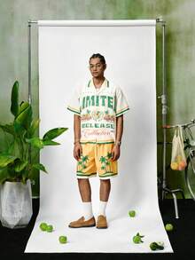 Manfinity Chillmode 日常街头风，夏季休闲亚麻衬衫搭配棕榈树图案短裤套装，宽松版型，白色和黄色，送给男友的理想礼物，适合夏季、情人节、春夏交替、送给男友的礼物、狂欢节、复古风、街头风、派对、圣帕特里克节、外出 - 彩色 - 查看 4