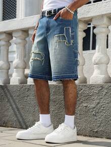 Manfinity EMRG Men's Casual Street Style Embroidered Patch Blue Denim Shorts - Medium Wash - View 5