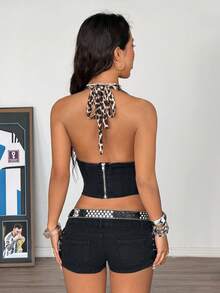 SHEIN ICON Sexy Leopard Print Halter Top For Women, Patchwork Denim Overalls, Summer Y2K Outfit. Cute Sexy Tops - Black - View 4