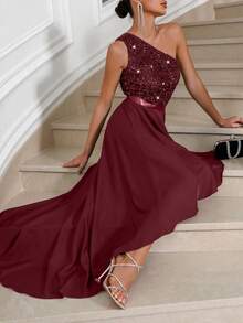 Glamine 女士酒红色连衣裙，不对称肩部撞色亮片高低摆连衣裙，节日派对服装，连衣裙，派对礼服 - 酒紅色 - 查看 3